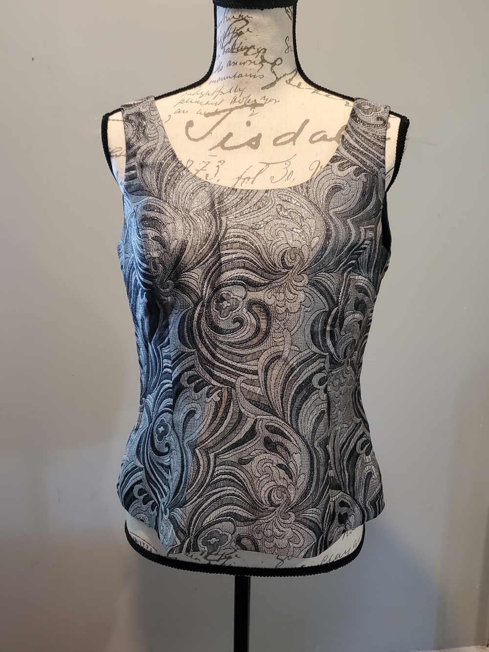Kasper Metallic Silver Black Swirl Jacquard Vest Y2K Vintage Office Chic Size 8